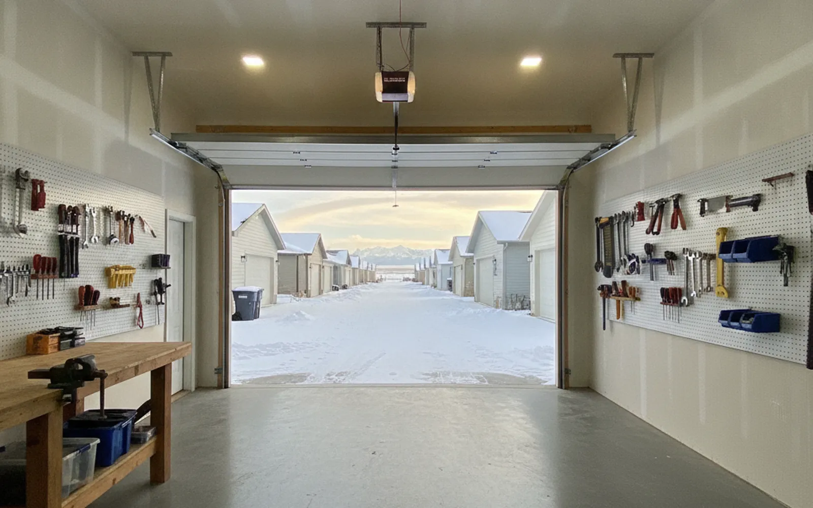 Oversized custom detached garage with a tall overhead door